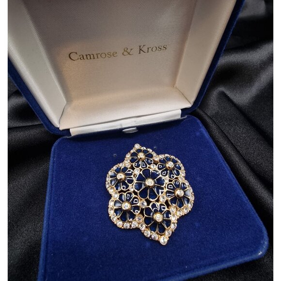 Vintage Jacqueline Kennedy Camrose & Kross JBK Vintage Gold-Tone Blue Brooch - Picture 1 of 8